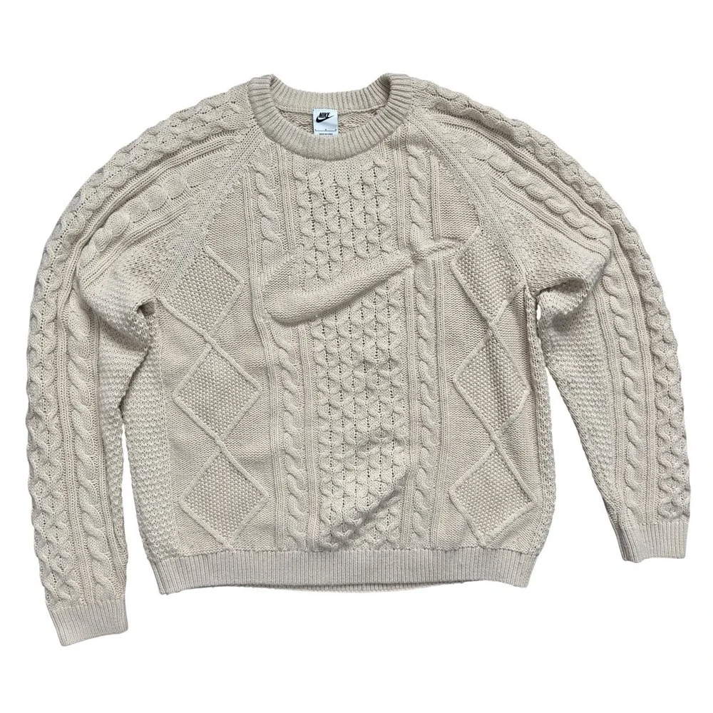Nike Cable Knit Swoosh Sweater Men's L Beige Rattan Large Logo Polyester & Wool